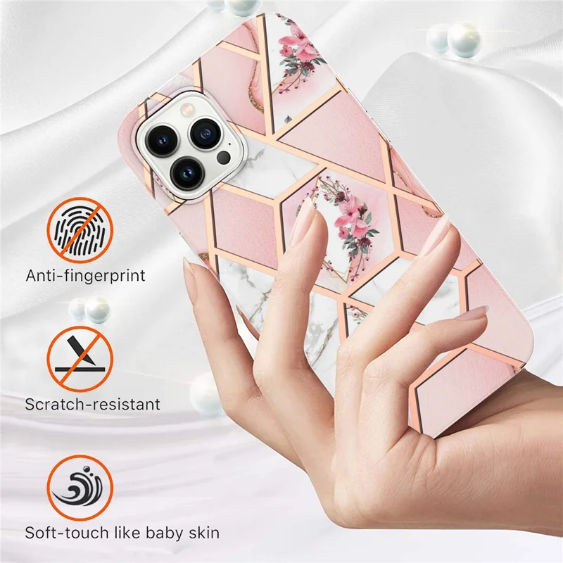 Série YB IMD-16 Style-E Étui pour iPhone 16 Pro Max Cas IMD Motif Marbre Fleur TPU Housse de téléphone - Fleurs roses