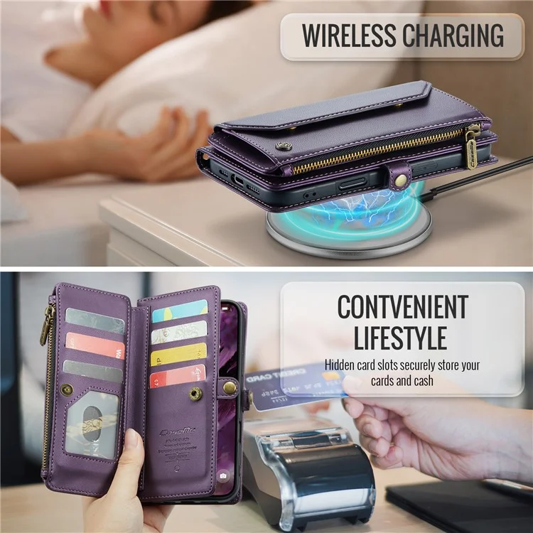 For iPhone 16 Leather Case CASEME C36 Zipper Multiple Card Slots Phone Cover with Straps - Purple