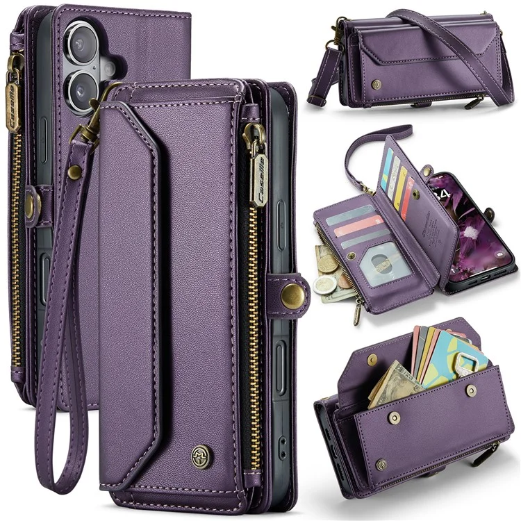 For iPhone 16 Plus Leather Case CASEME C36 Zipper Multiple Card Slots Phone Cover with Straps - Purple