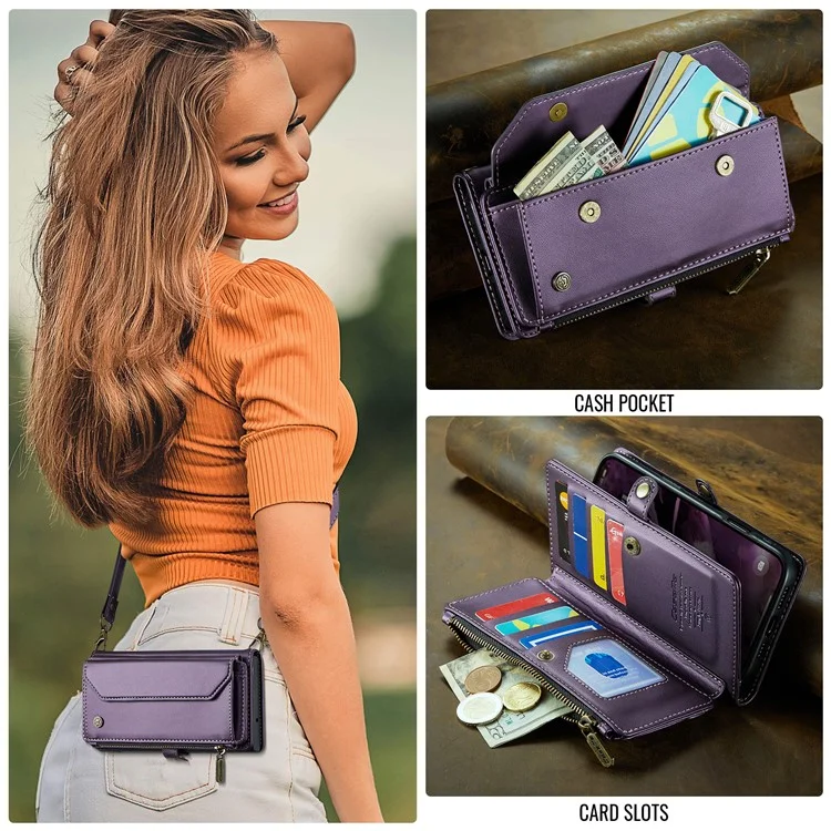 For iPhone 16 Plus Leather Case CASEME C36 Zipper Multiple Card Slots Phone Cover with Straps - Purple