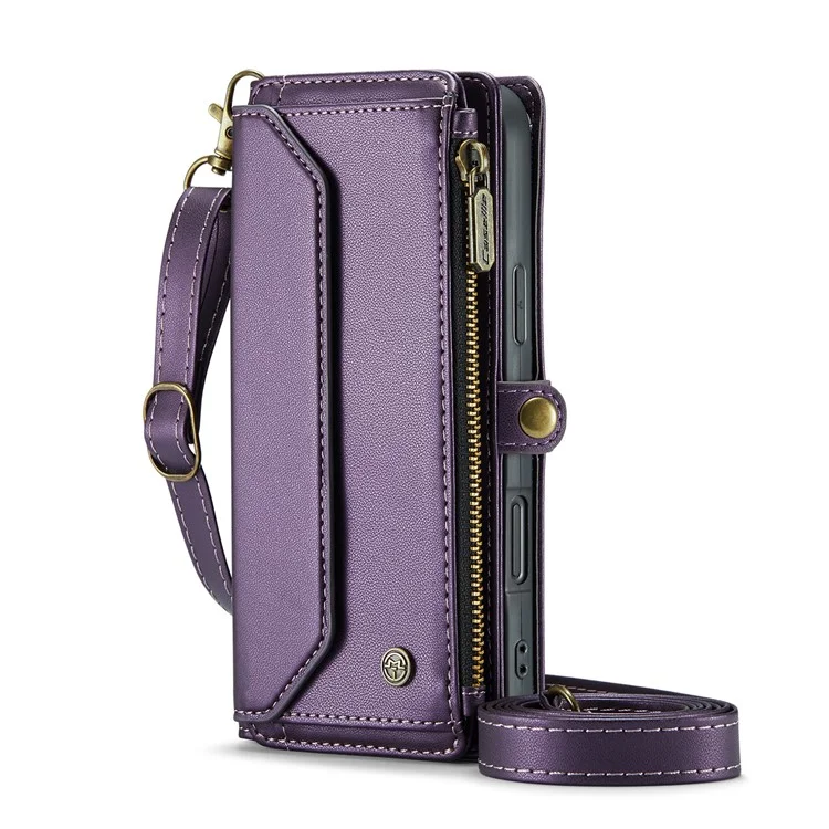 For iPhone 16 Plus Leather Case CASEME C36 Zipper Multiple Card Slots Phone Cover with Straps - Purple