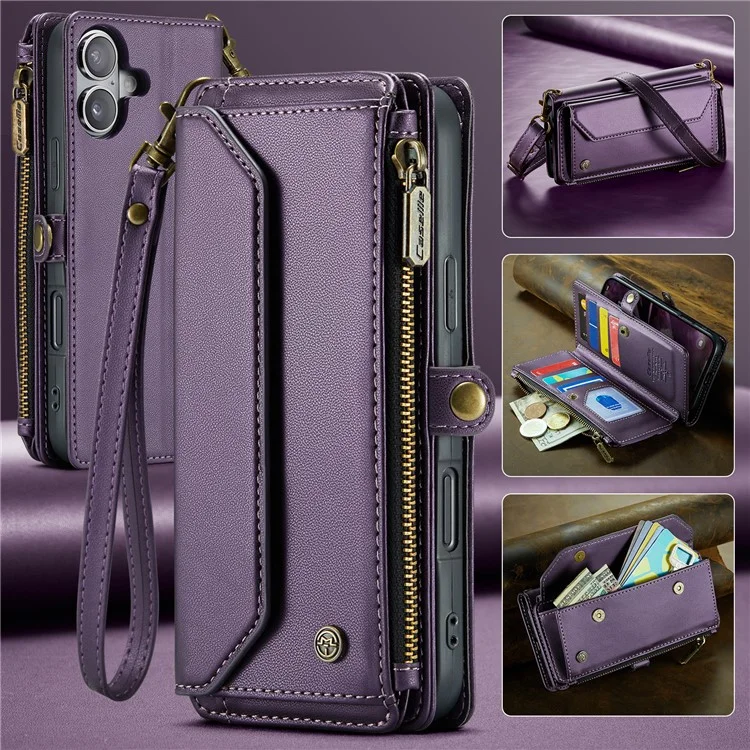 For iPhone 16 Plus Leather Case CASEME C36 Zipper Multiple Card Slots Phone Cover with Straps - Purple