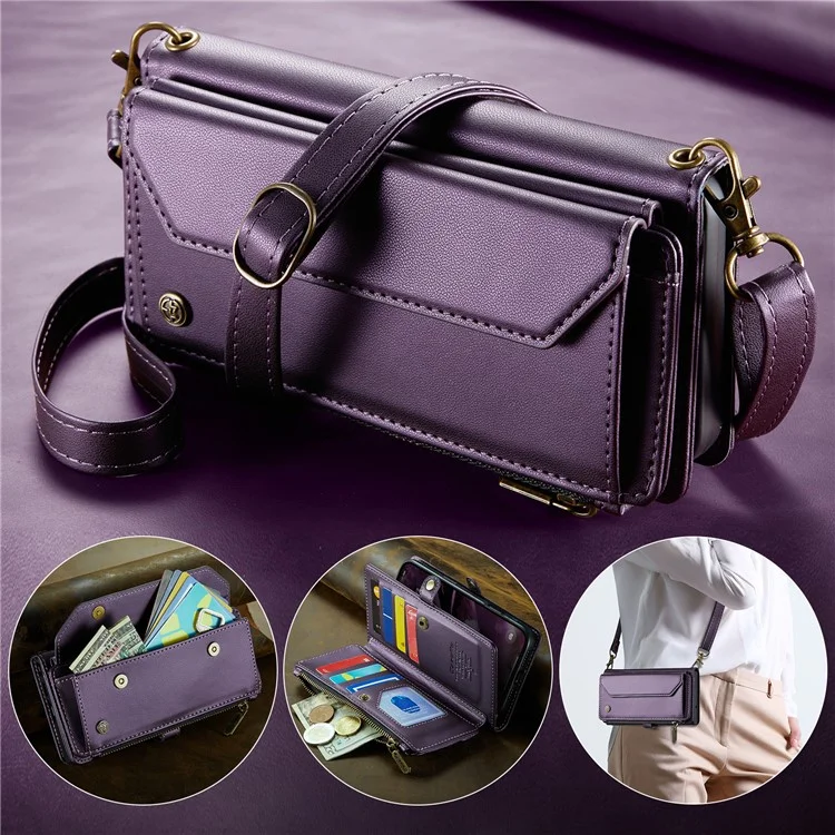 For iPhone 16 Plus Leather Case CASEME C36 Zipper Multiple Card Slots Phone Cover with Straps - Purple
