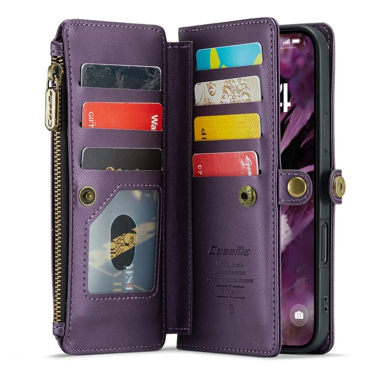 For iPhone 16 Plus Leather Case CASEME C36 Zipper Multiple Card Slots Phone Cover with Straps - Purple