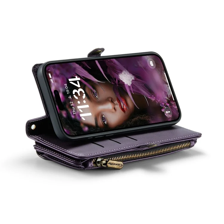 For iPhone 16 Plus Leather Case CASEME C36 Zipper Multiple Card Slots Phone Cover with Straps - Purple