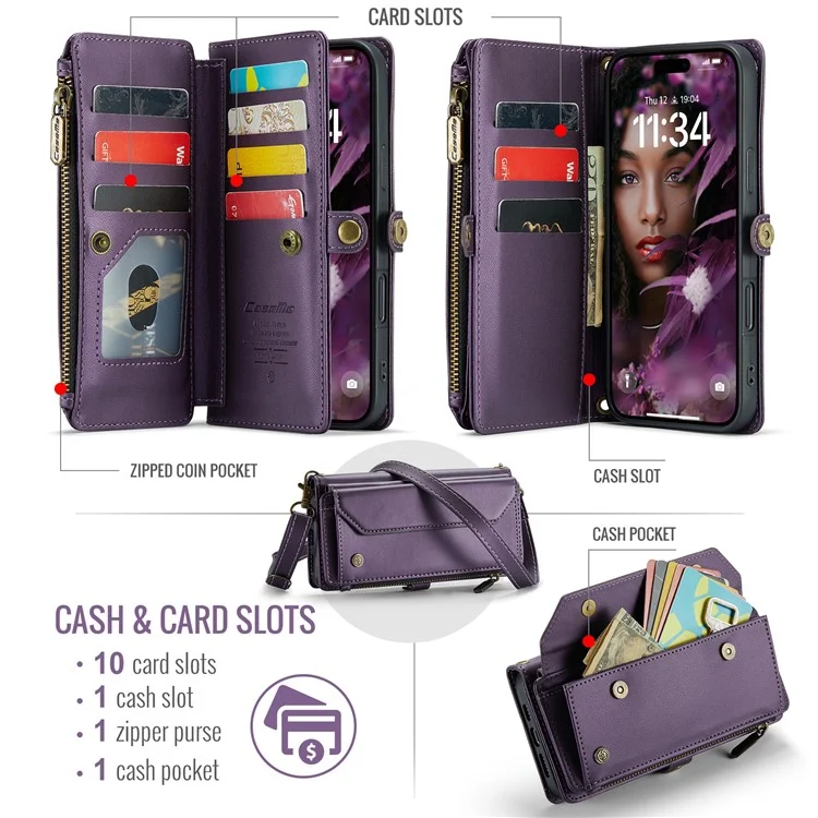 For iPhone 16 Plus Leather Case CASEME C36 Zipper Multiple Card Slots Phone Cover with Straps - Purple