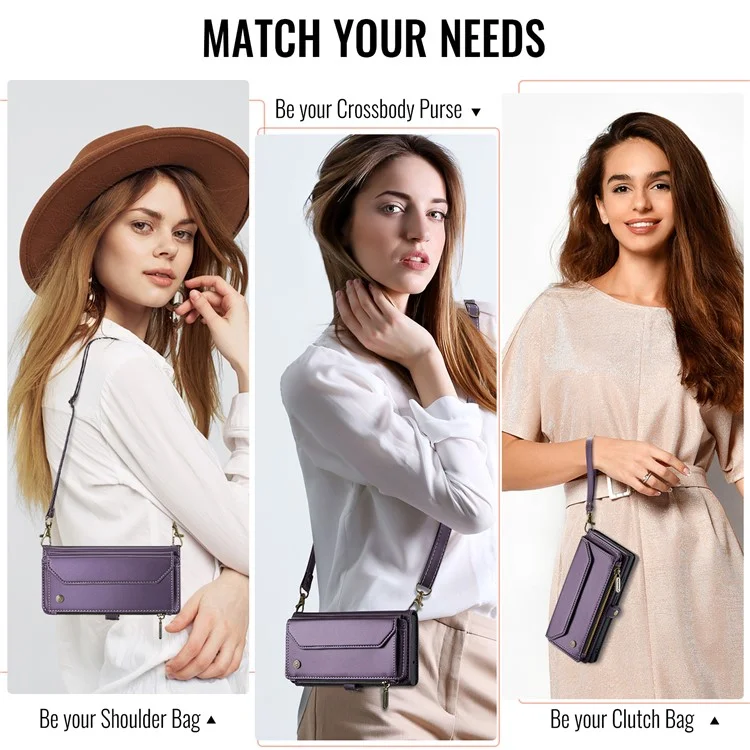 For iPhone 16 Plus Leather Case CASEME C36 Zipper Multiple Card Slots Phone Cover with Straps - Purple