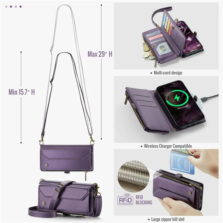 For iPhone 16 Plus Leather Case CASEME C36 Zipper Multiple Card Slots Phone Cover with Straps - Purple