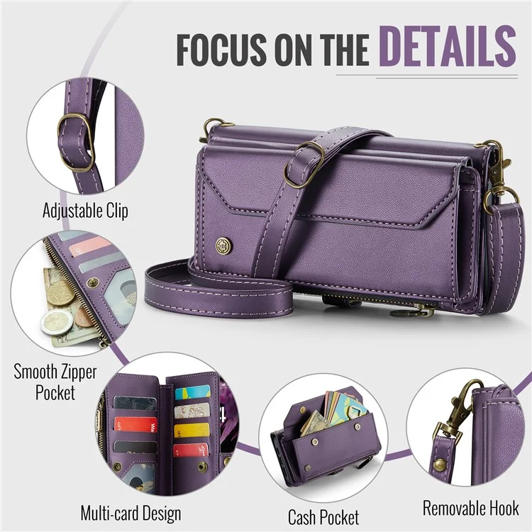 For iPhone 16 Plus Leather Case CASEME C36 Zipper Multiple Card Slots Phone Cover with Straps - Purple