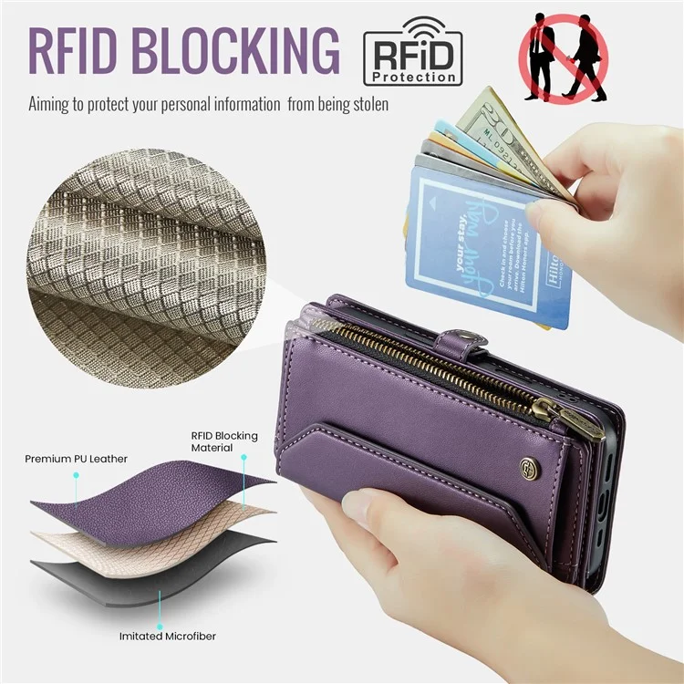 For iPhone 16 Plus Leather Case CASEME C36 Zipper Multiple Card Slots Phone Cover with Straps - Purple