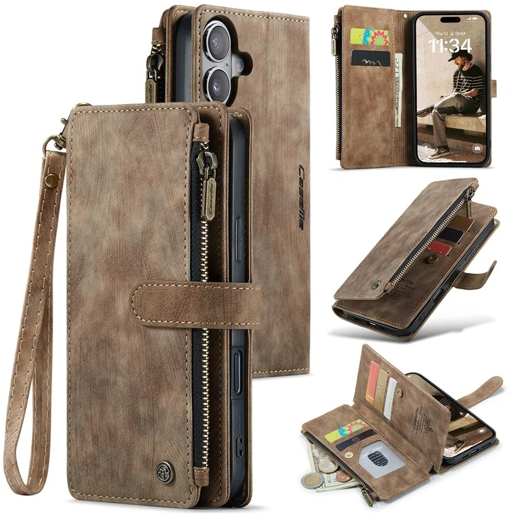 CASEME C30 Series para iPhone 16 Plus Capa de Couro Capa de Telefone com 10 Titular de Cartão Bolso com Zíper - Marrom