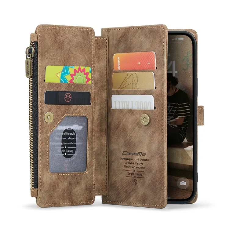 CASEME C30 Series para iPhone 16 Case PU Couro 7 Slots de Cartão Carteira Phone Cover - Marrom