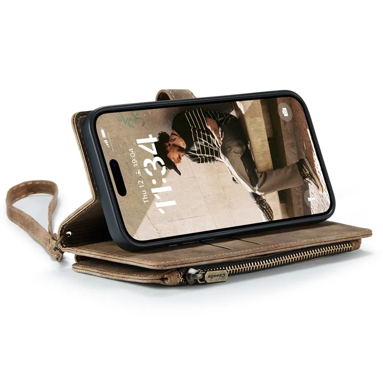 CASEME C30 Series para iPhone 16 Case PU Couro 7 Slots de Cartão Carteira Phone Cover - Marrom