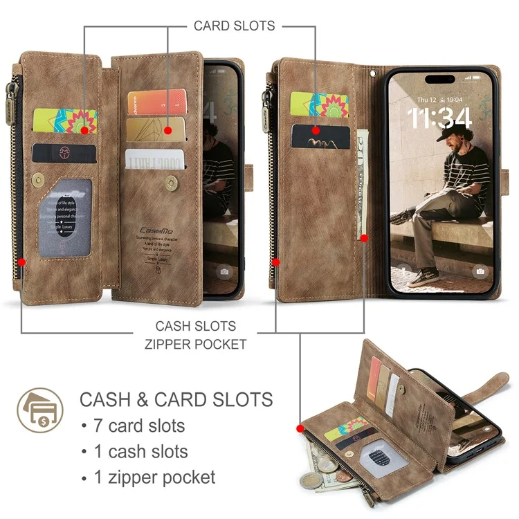 CASEME C30 Series para iPhone 16 Case PU Couro 7 Slots de Cartão Carteira Phone Cover - Marrom
