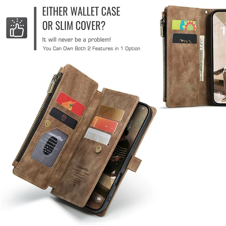 CASEME C30 Series para iPhone 16 Case PU Couro 7 Slots de Cartão Carteira Phone Cover - Marrom