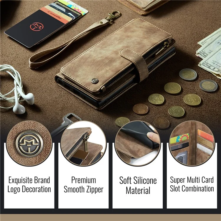 CASEME C30 Series para iPhone 16 Case PU Couro 7 Slots de Cartão Carteira Phone Cover - Marrom