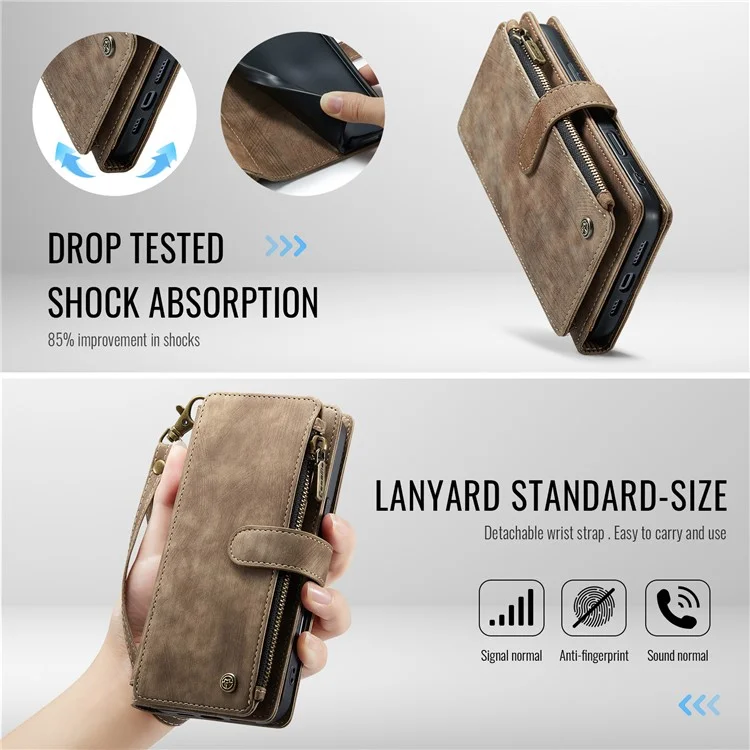 CASEME C30 Series para iPhone 16 Case PU Couro 7 Slots de Cartão Carteira Phone Cover - Marrom