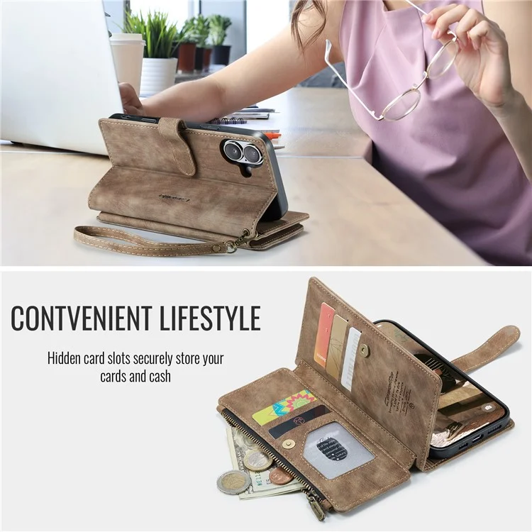 CASEME C30 Series para iPhone 16 Case PU Couro 7 Slots de Cartão Carteira Phone Cover - Marrom