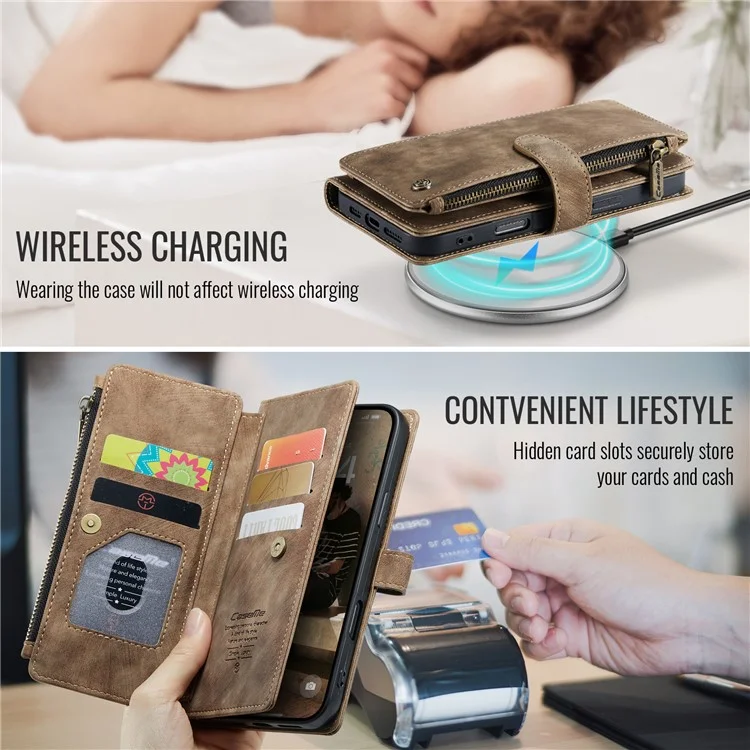 CASEME C30 Series para iPhone 16 Case PU Couro 7 Slots de Cartão Carteira Phone Cover - Marrom