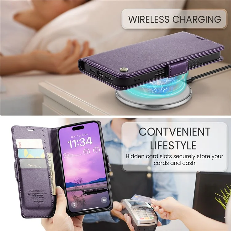 CASEME 023 Série Pour iPhone 16 Étui RFID Blocking Glossy Stand Phone Cover - Pourpre