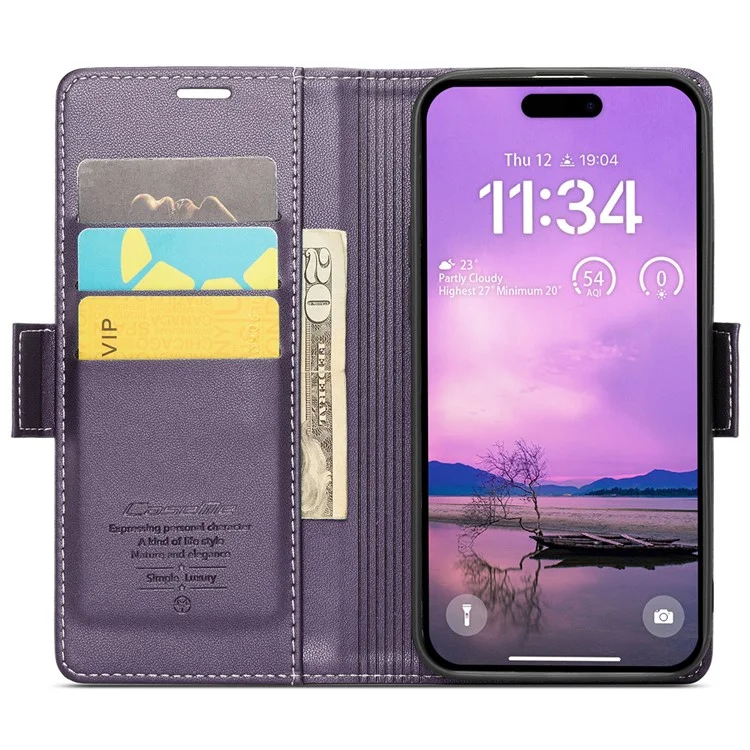 CASEME 023 Série Pour iPhone 16 Étui RFID Blocking Glossy Stand Phone Cover - Pourpre