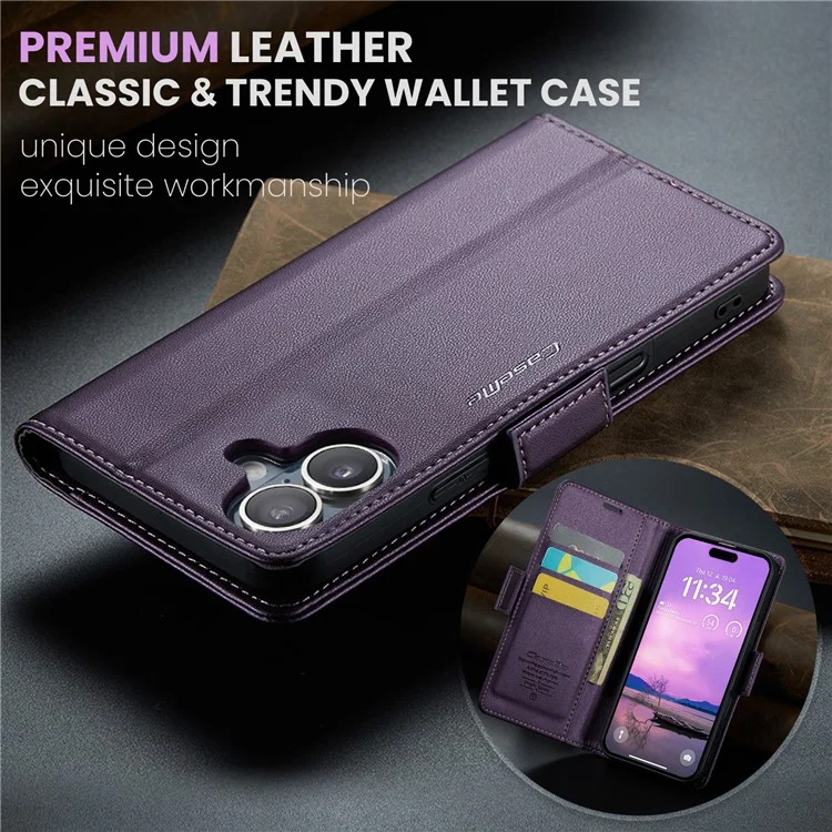 CASEME 023 Série Pour iPhone 16 Étui RFID Blocking Glossy Stand Phone Cover - Pourpre
