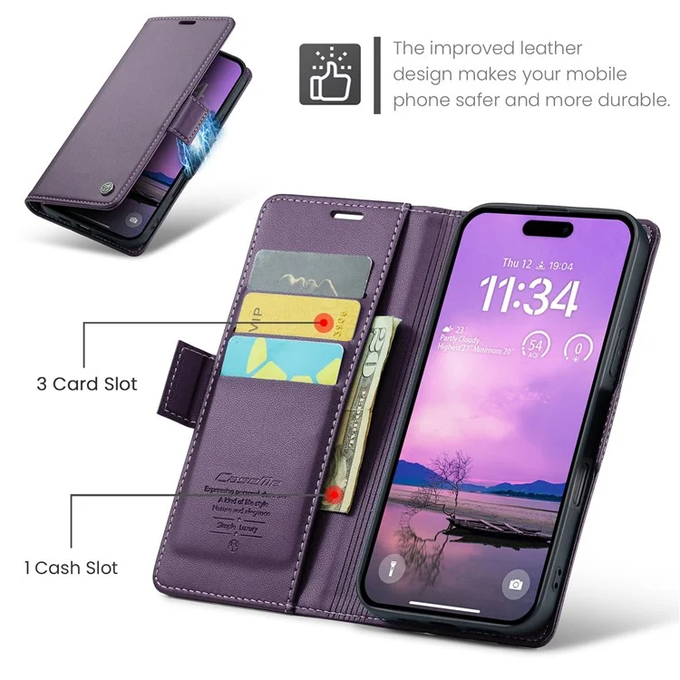 CASEME 023 Série Pour iPhone 16 Étui RFID Blocking Glossy Stand Phone Cover - Pourpre