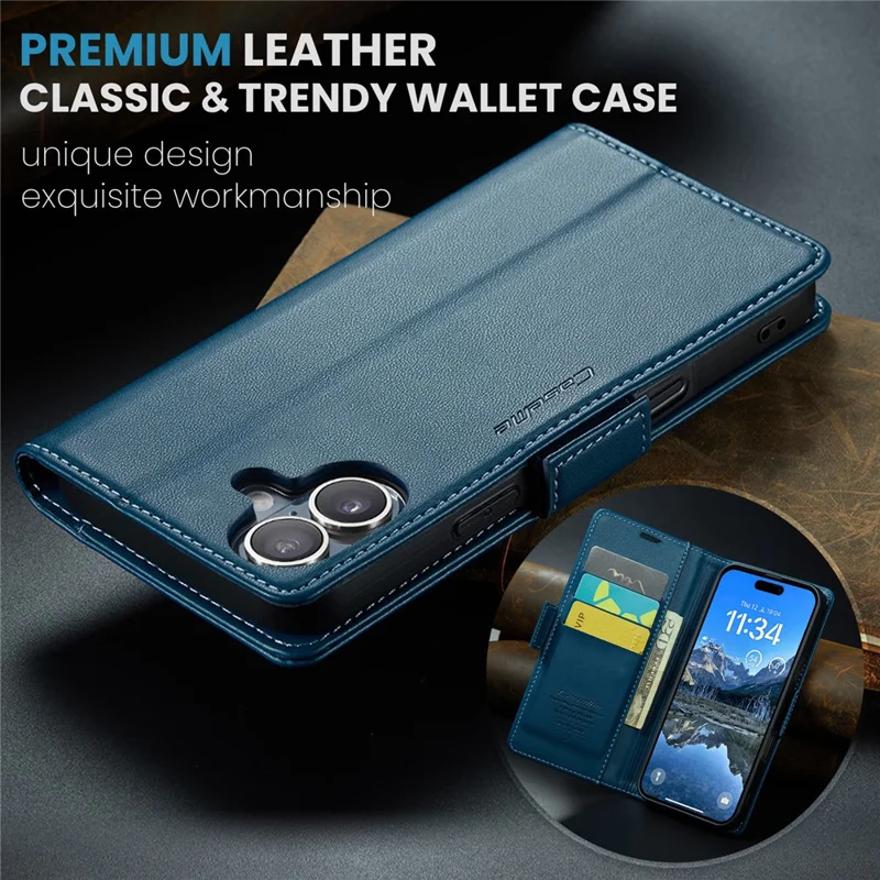 For iPhone 16 Leather Case CASEME 023 RFID Blocking 3 Card Slot Mobile Cover - Blue