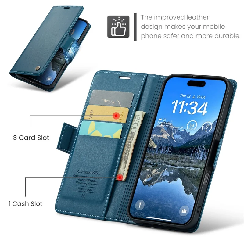 For iPhone 16 Leather Case CASEME 023 RFID Blocking 3 Card Slot Mobile Cover - Blue