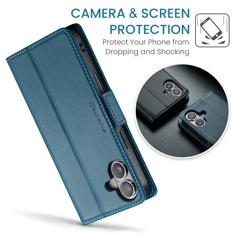 For iPhone 16 Leather Case CASEME 023 RFID Blocking 3 Card Slot Mobile Cover - Blue