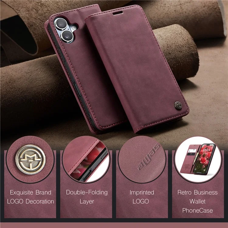 CASEME 013 Série Para iPhone 16 Plus Case Porta-cartões Suporte Capa de Couro para Telefone - Vermelho