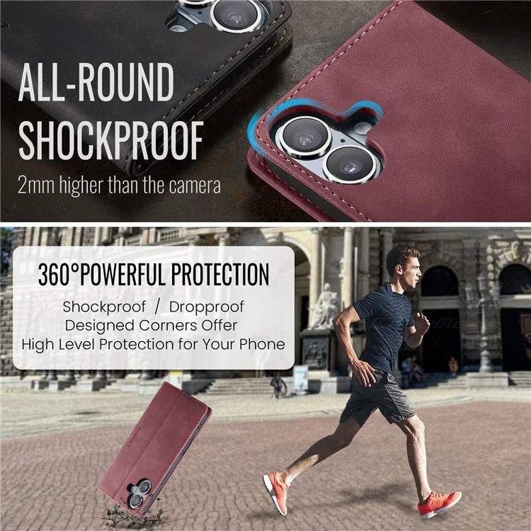 CASEME 013 Série Para iPhone 16 Plus Case Porta-cartões Suporte Capa de Couro para Telefone - Vermelho