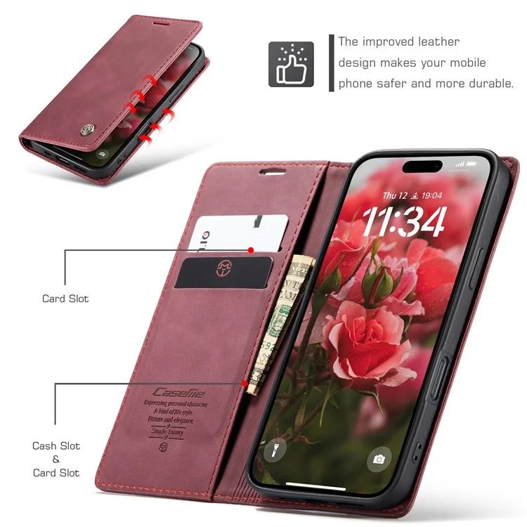 CASEME 013 Series Per iPhone 16 Custodia Porta Carte Supporto Stand in Pelle Custodia Telefono - Rosso