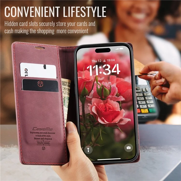 CASEME 013 Series Per iPhone 16 Custodia Porta Carte Supporto Stand in Pelle Custodia Telefono - Rosso