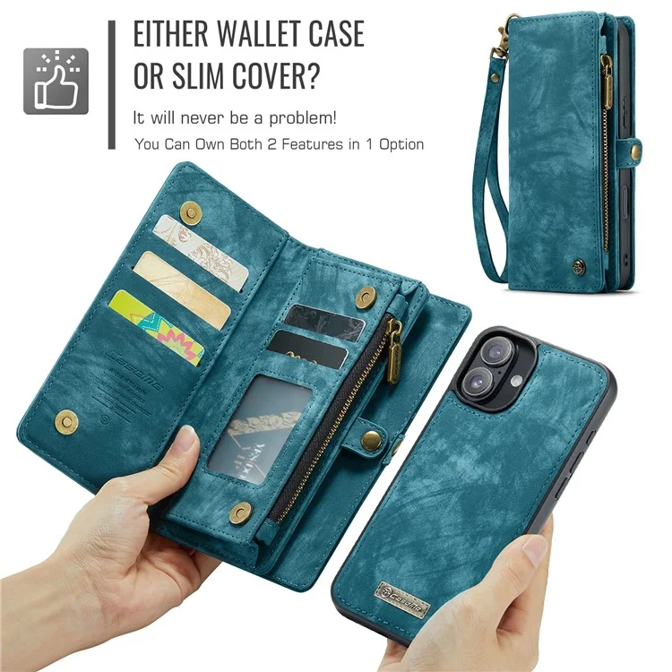 For iPhone 16 Plus Phone Cases CASEME Leather Cover with Detachable Wallet and Strap - Blue