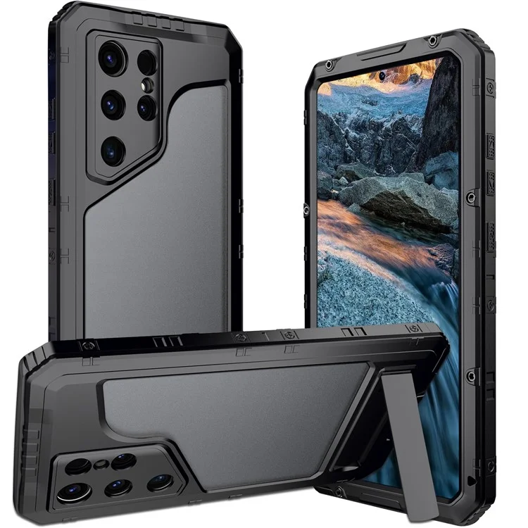 Pour Samsung Galaxy S24 Ultra Case Silicone + Aluminium Alloy Kickstand IP68 Couverture Étanche Avec Film D'écran - Noir