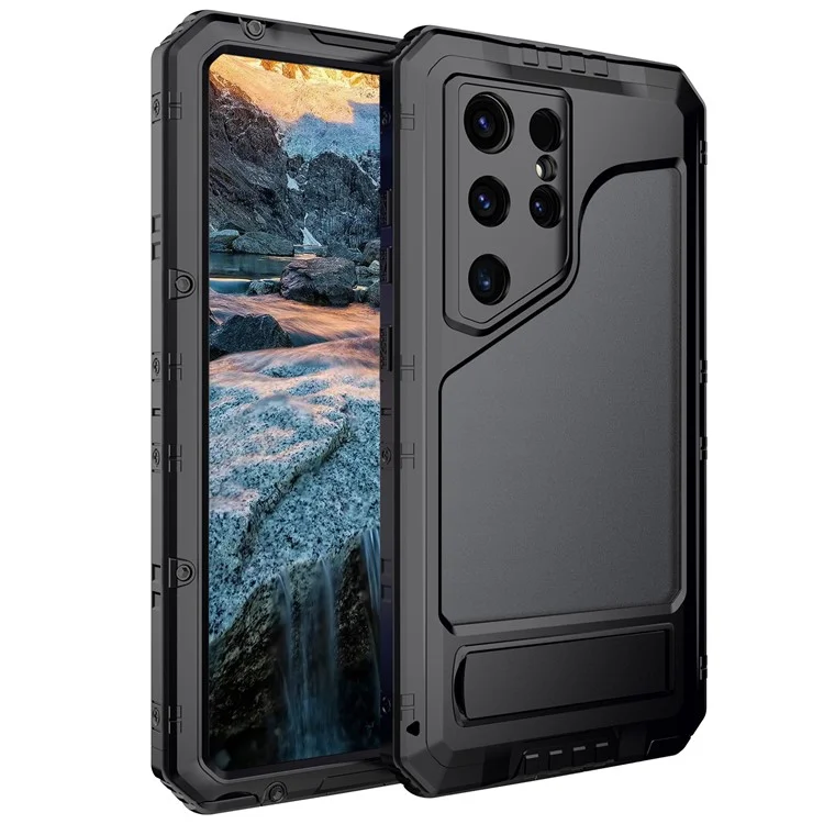 Pour Samsung Galaxy S24 Ultra Case Silicone + Aluminium Alloy Kickstand IP68 Couverture Étanche Avec Film D'écran - Noir