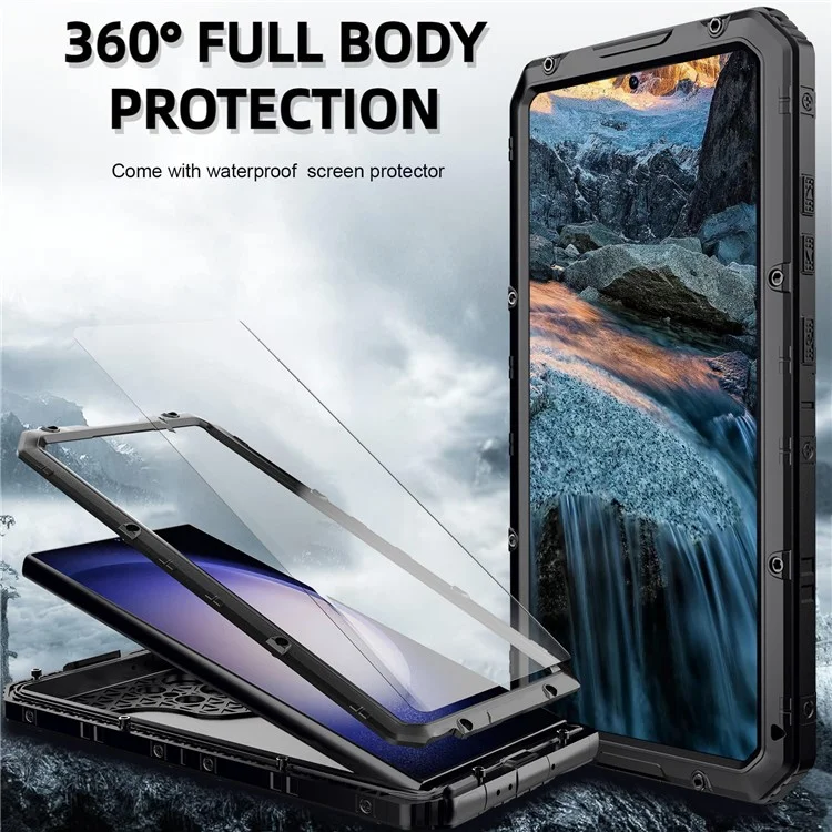 Pour Samsung Galaxy S24 Ultra Case Silicone + Aluminium Alloy Kickstand IP68 Couverture Étanche Avec Film D'écran - Noir