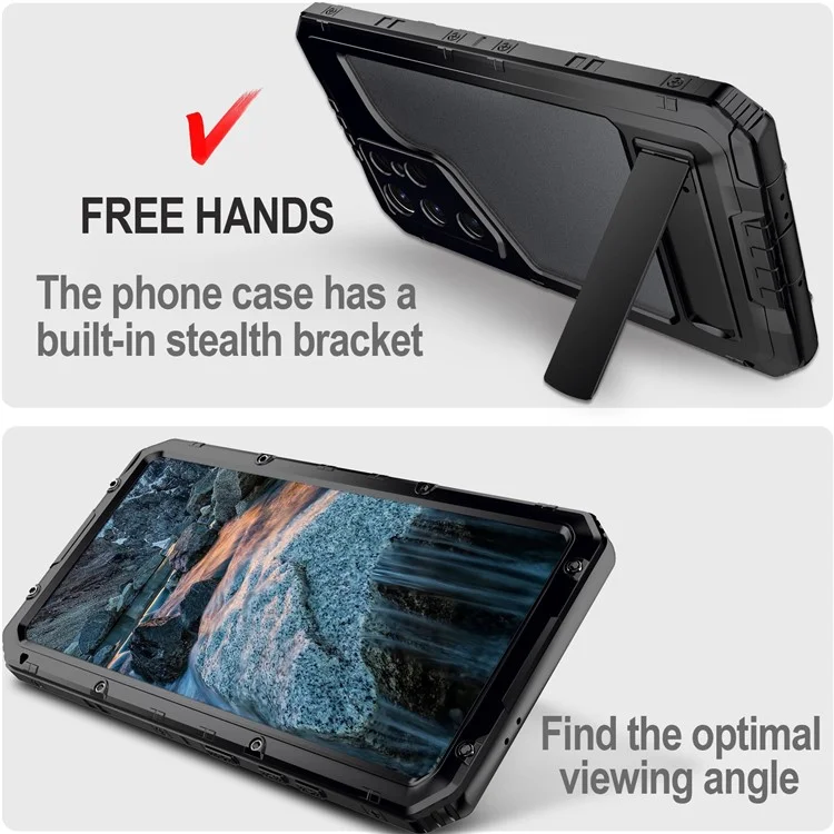 Pour Samsung Galaxy S24 Ultra Case Silicone + Aluminium Alloy Kickstand IP68 Couverture Étanche Avec Film D'écran - Noir