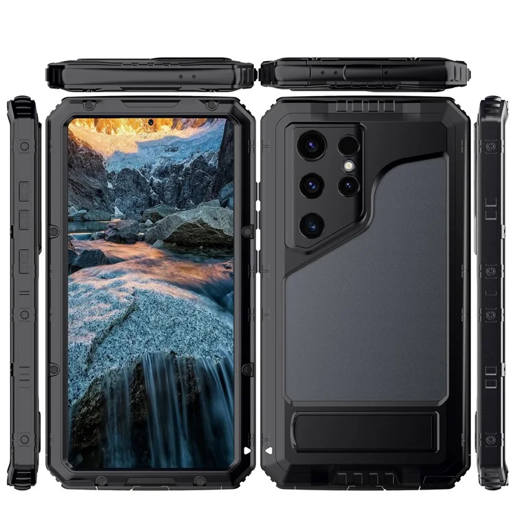 Pour Samsung Galaxy S24 Ultra Case Silicone + Aluminium Alloy Kickstand IP68 Couverture Étanche Avec Film D'écran - Noir