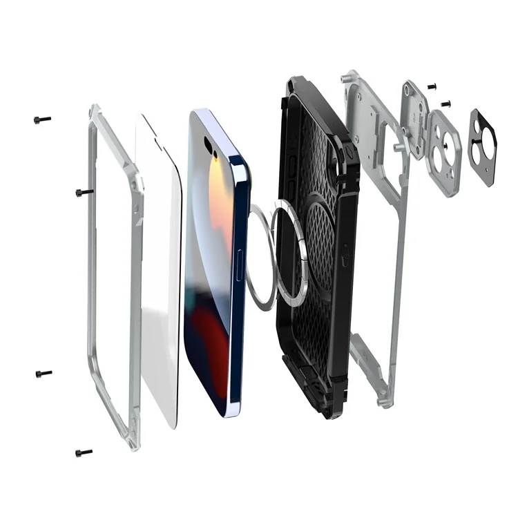 Para Iphone 15 Más Estuche Aleación de Aluminio+lente de Silicona Cubierta Del Teléfono Con Película de Vidrio Templado - Plata