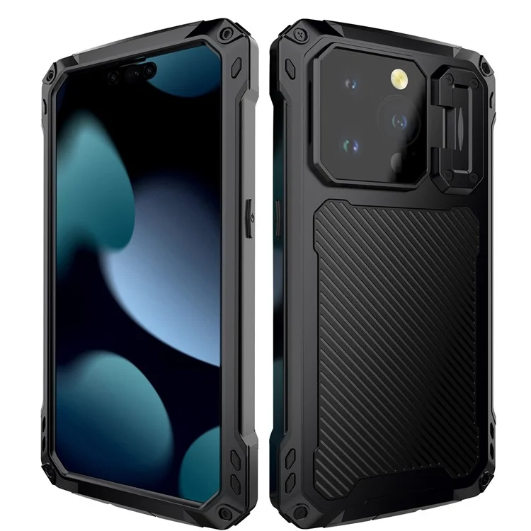 Para Iphone 15 Pro Case Aluminium Alloy+Silicone Lens Kickstand Phone Cober Com Filme de Vidro Temperado - Preto
