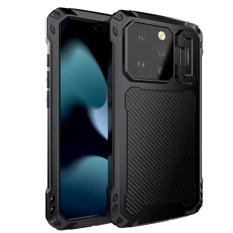 Para Iphone 15 Pro Case Aluminium Alloy+Silicone Lens Kickstand Phone Cober Com Filme de Vidro Temperado - Preto