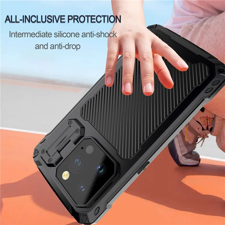 Para Iphone 15 Pro Case Aluminium Alloy+Silicone Lens Kickstand Phone Cober Com Filme de Vidro Temperado - Preto
