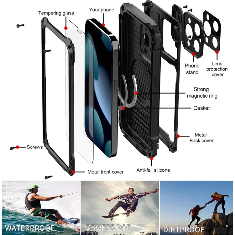 Para Iphone 15 Pro Case Aluminium Alloy+Silicone Lens Kickstand Phone Cober Com Filme de Vidro Temperado - Preto
