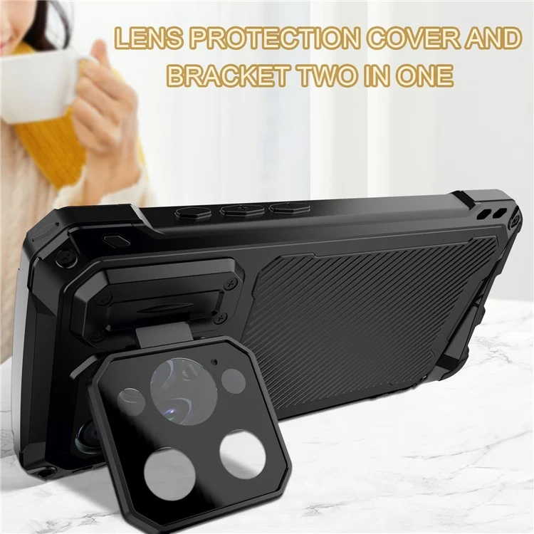 Para Iphone 15 Pro Case Aluminium Alloy+Silicone Lens Kickstand Phone Cober Com Filme de Vidro Temperado - Preto