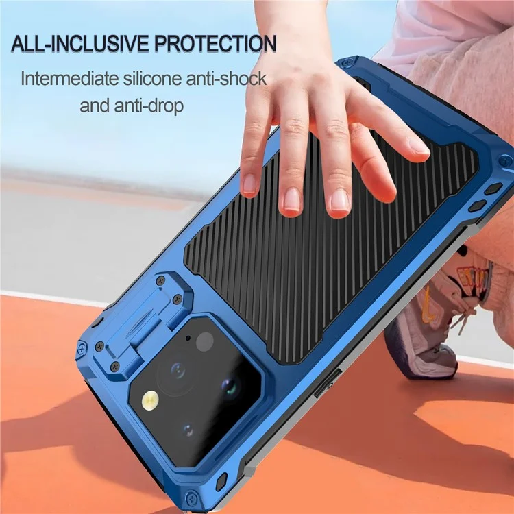 Для Iphone 15 Pro Max Case Aluminum Сплав+силиконовая Линза Киктяная Крышка Подставки Для Подставки Для Смягченной Стеклянной Пленки - Синий