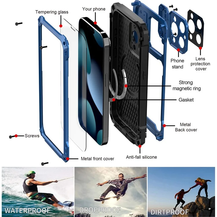 Для Iphone 15 Pro Max Case Aluminum Сплав+силиконовая Линза Киктяная Крышка Подставки Для Подставки Для Смягченной Стеклянной Пленки - Синий