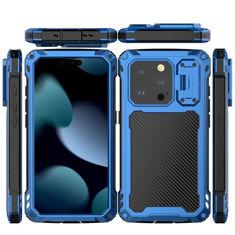 Для Iphone 15 Pro Max Case Aluminum Сплав+силиконовая Линза Киктяная Крышка Подставки Для Подставки Для Смягченной Стеклянной Пленки - Синий