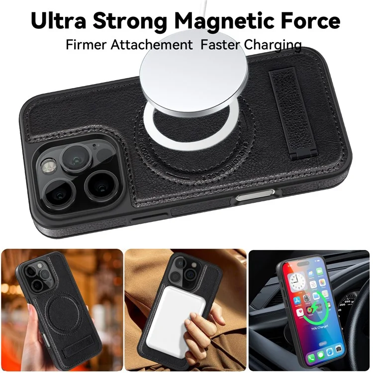 Pour Iphone 16 Pro Max Magnetic Case en Cuir Kickstand Téléphone Couverture de Téléphone Compatible Avec Magsafe - Noir